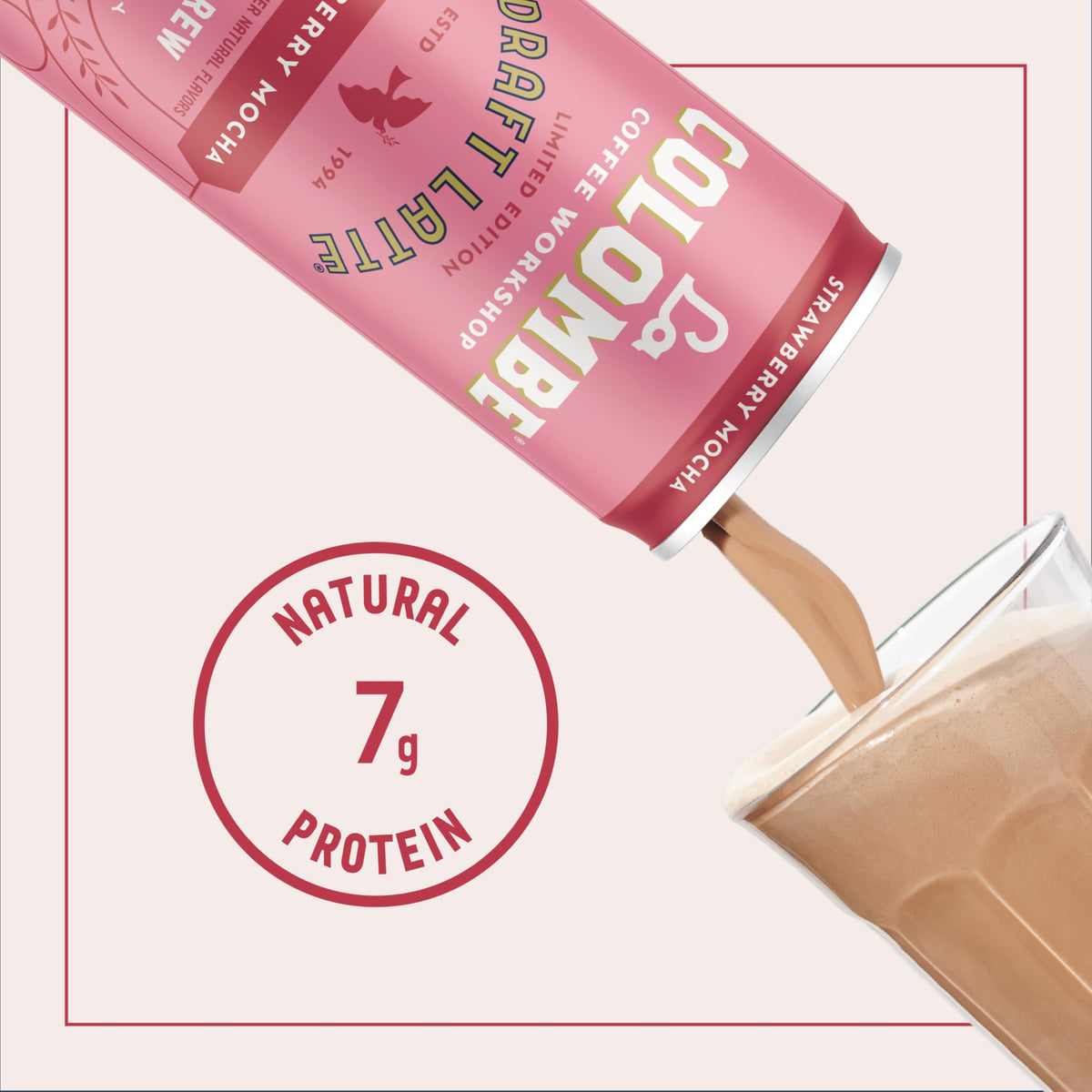 La Colombe Strawberry Mocha Draft Latte can front view highlighting label for quick grab-and-go enjoyment