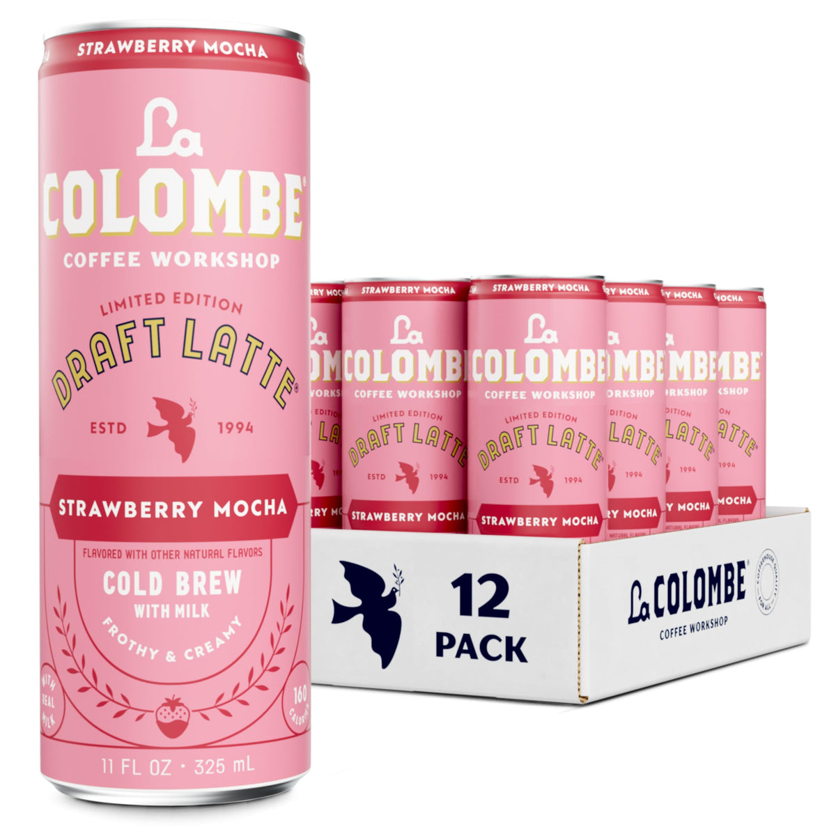 La Colombe Strawberry Mocha Draft Latte can side view for on-the-go protein-rich indulgence