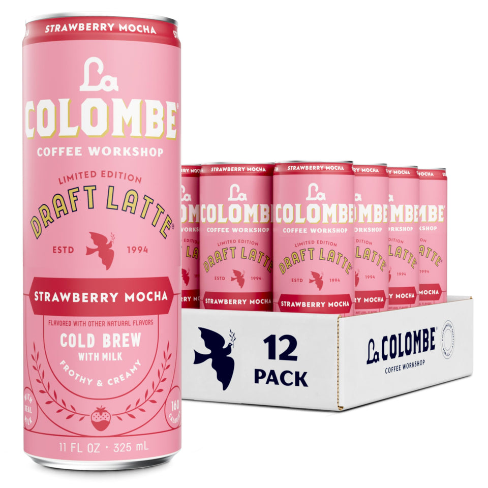 La Colombe Strawberry Mocha Draft Latte can side view for on-the-go protein-rich indulgence