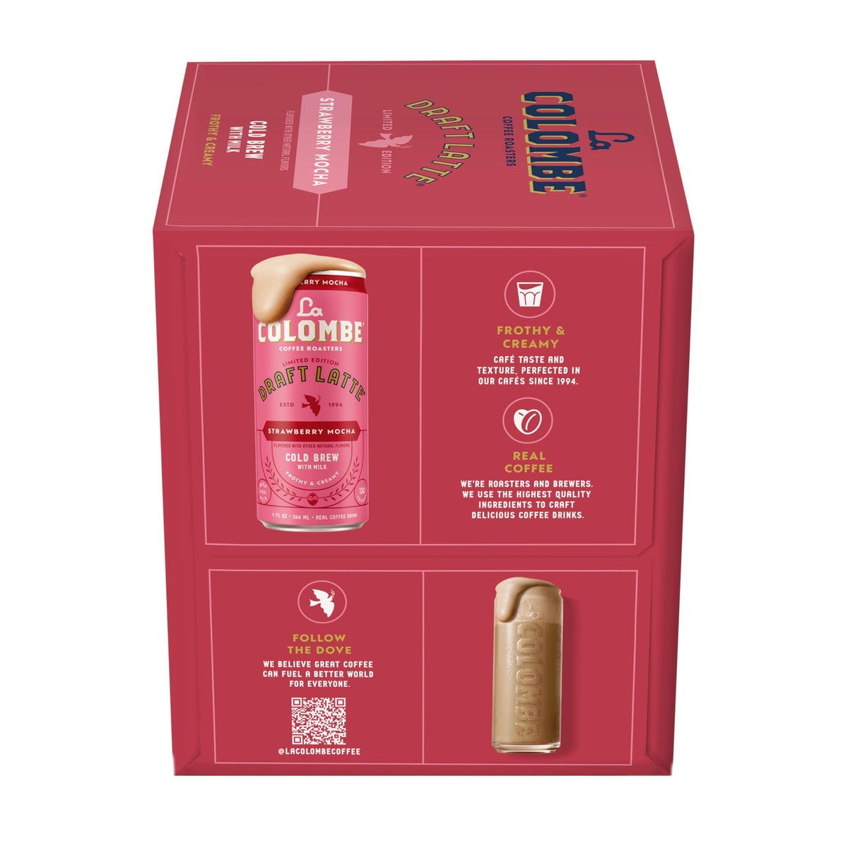 La Colombe Strawberry Mocha Draft Latte glass with straw suggests versatile refreshment.