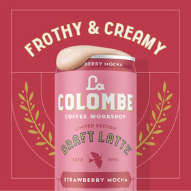 La Colombe Strawberry Mocha Draft Latte ingredients bottle, natural flavoring and cocoa swirl visible