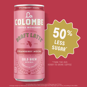 La Colombe Strawberry Mocha Draft Latte pour into glass showing creamy texture