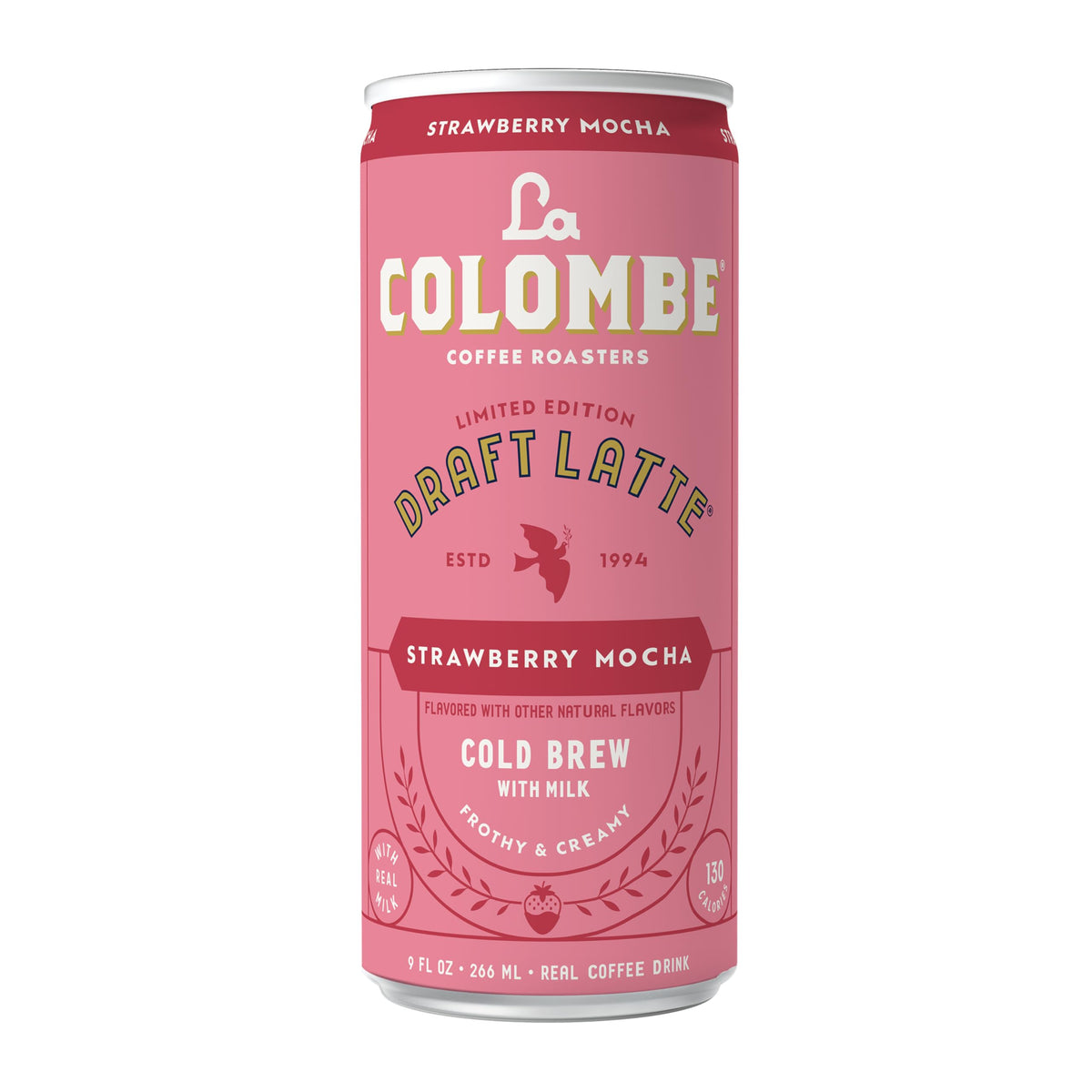 La Colombe Strawberry Mocha Draft Latte strawberry swirl captures fruity taste cue.