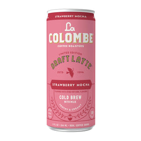La Colombe Strawberry Mocha Draft Latte strawberry swirl captures fruity taste cue.