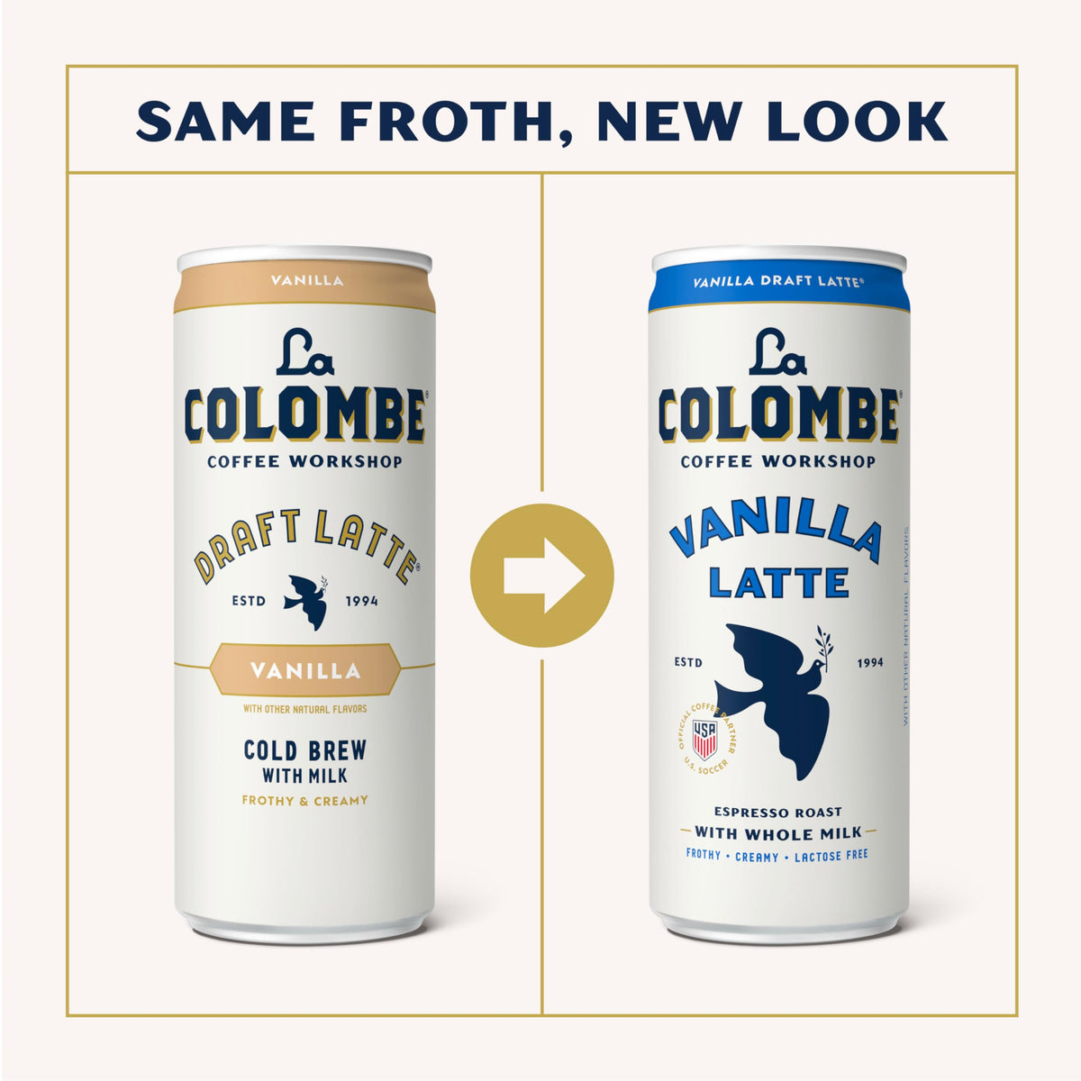 La Colombe Vanilla Draft Latte can, front view, cafe style vanilla flavor