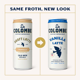 La Colombe Vanilla Draft Latte can, front view, cafe style vanilla flavor