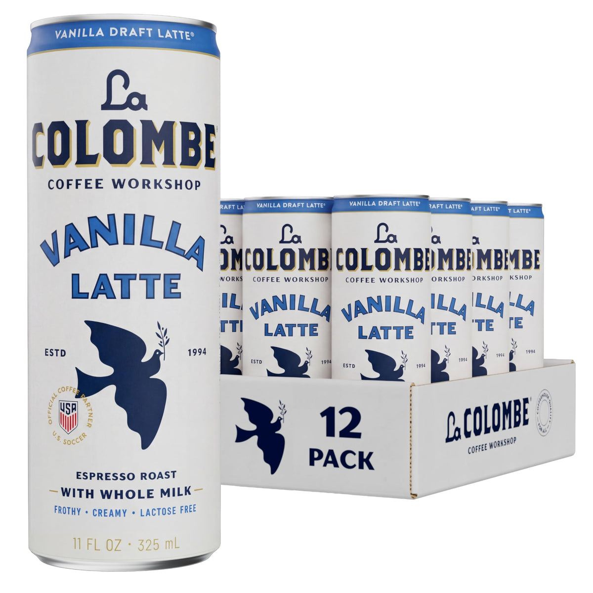 La Colombe Vanilla Draft Latte can, side view, ideal for on the go