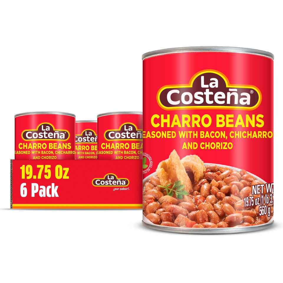 La Costena Charro Beans label on can, showcasing authentic flavor for Mexican meals.