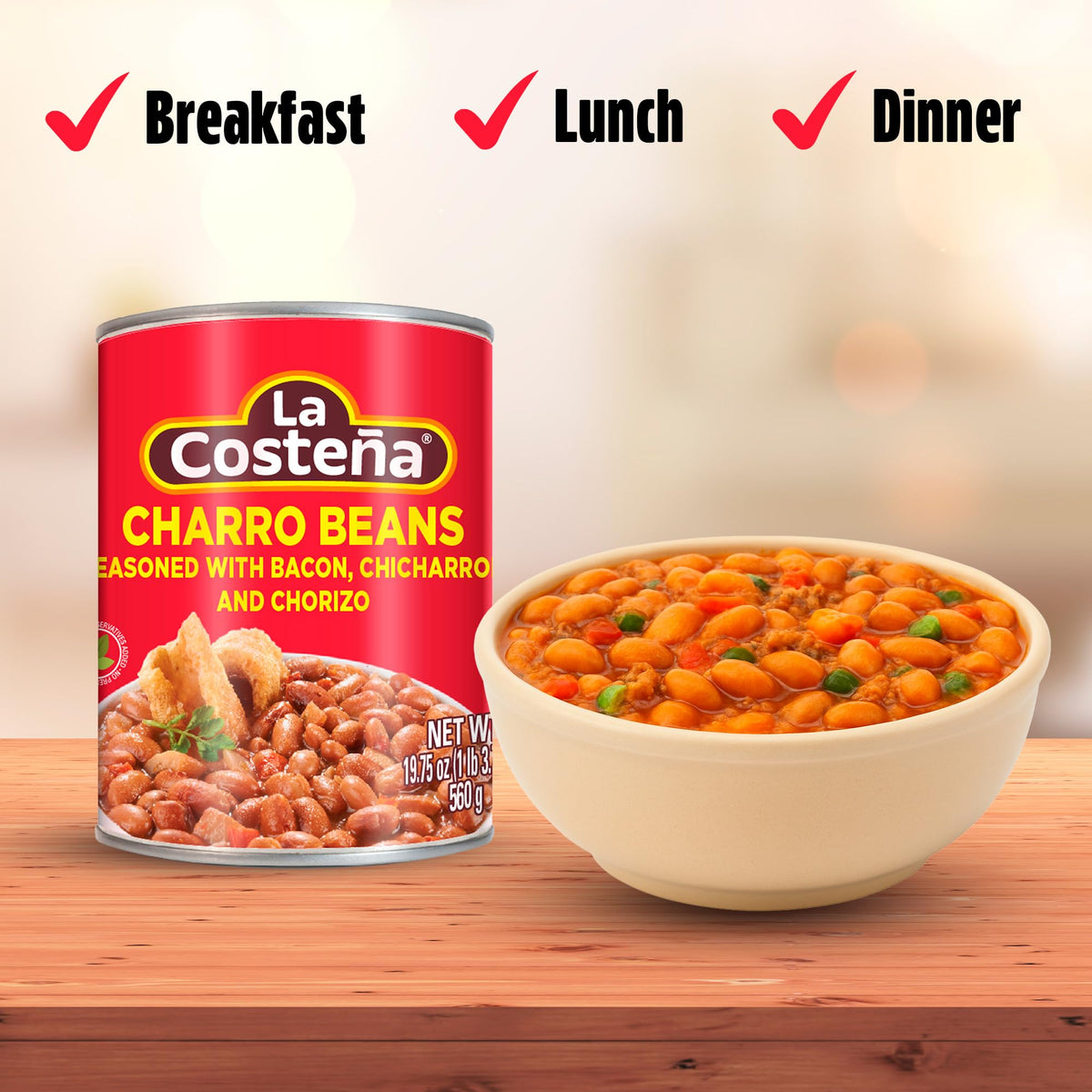 La Costena Charro Beans cans on a pantry shelf for easy meals.
