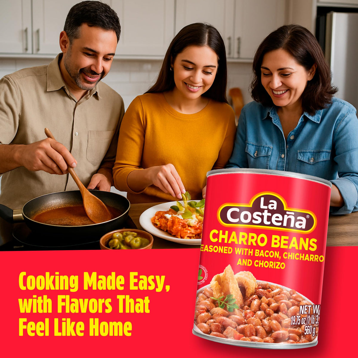La Costena Charro Beans served steaming, ready with tortillas.