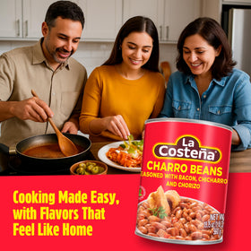 La Costena Charro Beans served steaming, ready with tortillas.