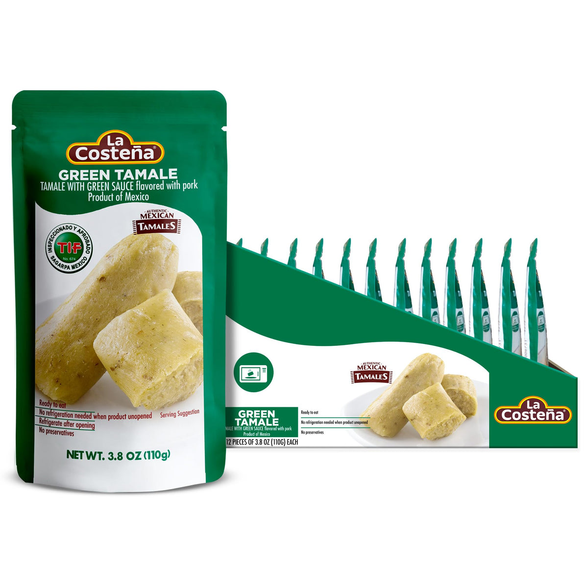 La Costena green tamales with pork and green sauce in package, microwave-ready convenience.