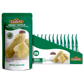 La Costena green tamales with pork and green sauce in package, microwave-ready convenience.