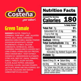 La Costena green tamales with pork and masa texture, ideal for quick meals.
