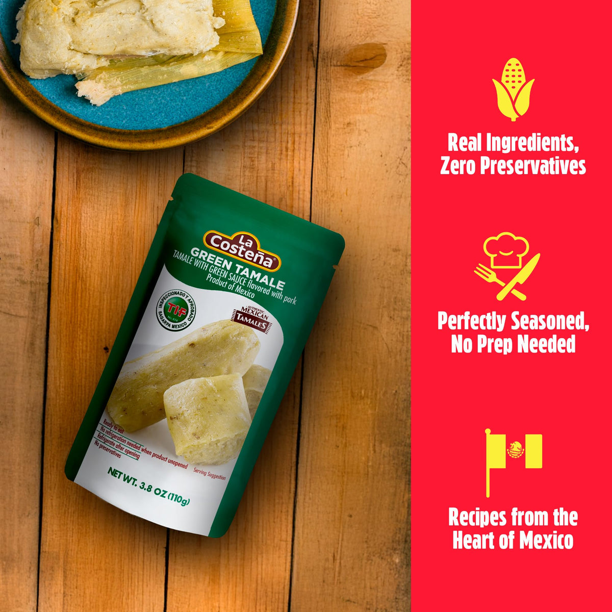 La Costena microwavable tamales warmed in 60 seconds.