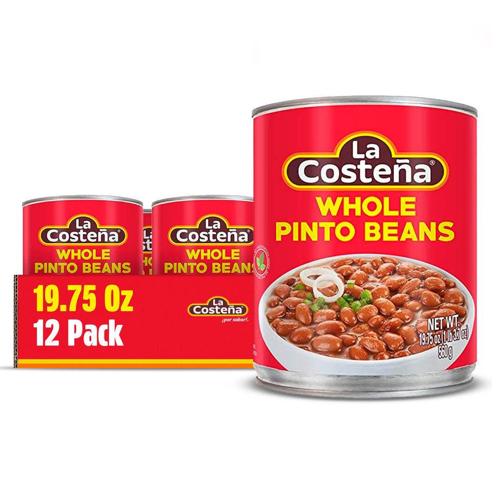 La Costeña Pinto Beans canned label close-up highlights authentic flavor for quick meals.