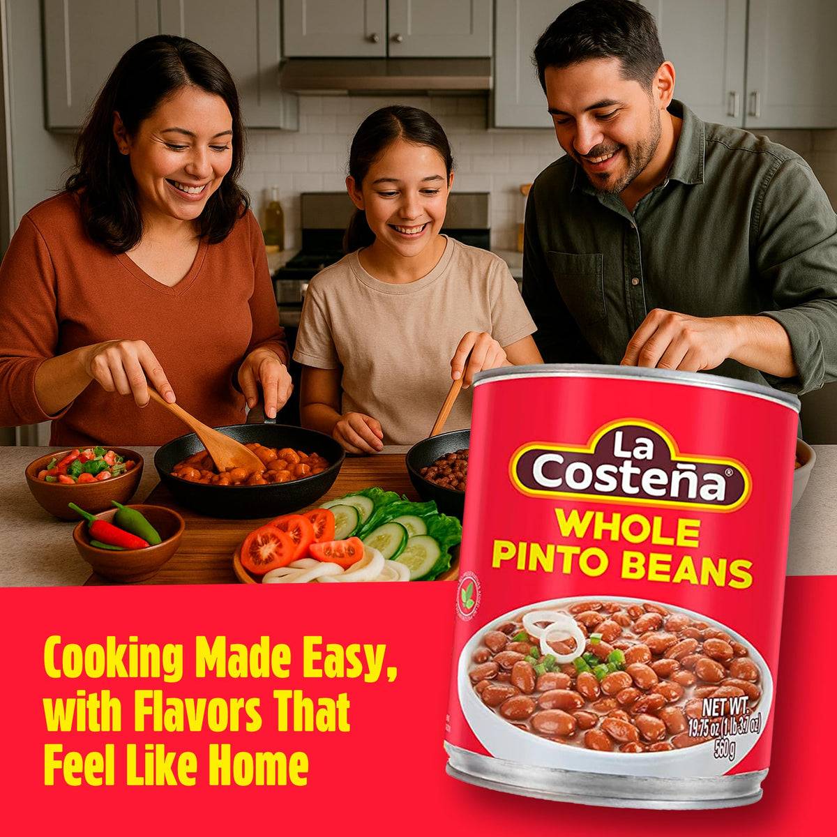 La Costeña Pinto Beans on stove pot shows versatile use in cooking.