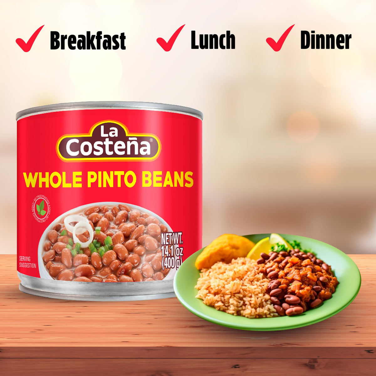 La Costeña pinto beans with garlic and tomato-inspired notes for flavor base.