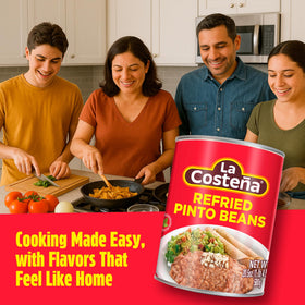La Costeña refried pinto beans creamy texture ideal for mashing or toppings.