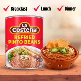 La Costeña refried pinto beans pantry staple highlighting long shelf life.