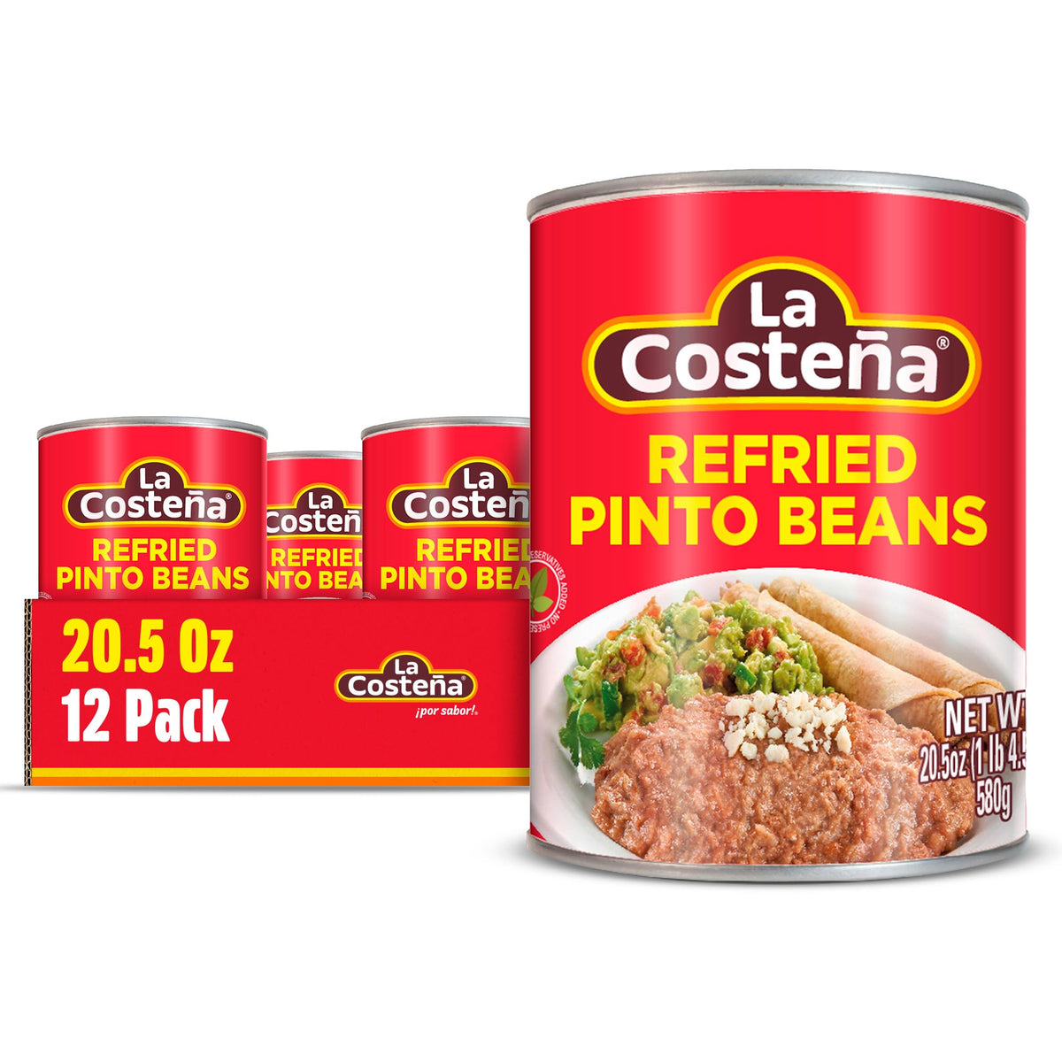 La Costeña refried pinto beans with pull-tab lid for quick heat-and-serve meals.