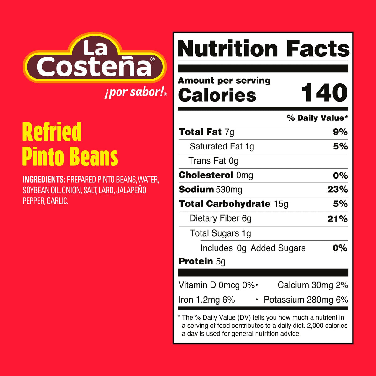 La Costeña refried pinto beans in can ready-to-heat for quick meals.