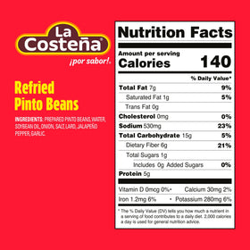 La Costeña refried pinto beans in can ready-to-heat for quick meals.