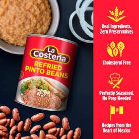 La Costeña refried pinto beans served in a bowl showing homestyle flavor.