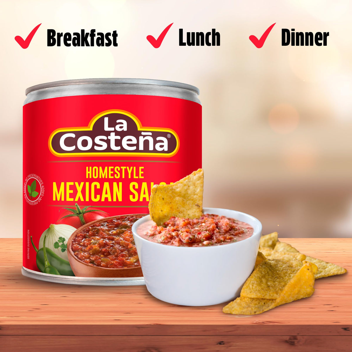 La Costeña restaurant-style salsa on the table for tacos and fajitas.