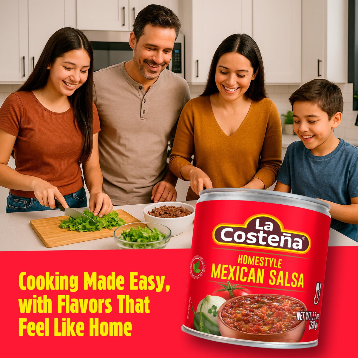 Close-up of La Costeña salsa verde ingredients for versatile home cooking.