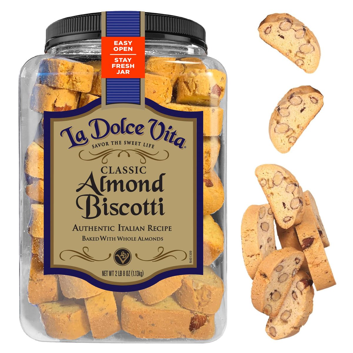 La Dolce Vita Classic Almond Biscotti jar shows crisp, authentic Italian crunch.
