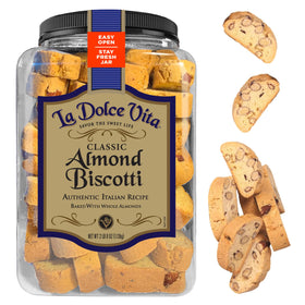 La Dolce Vita Classic Almond Biscotti jar shows crisp, authentic Italian crunch.