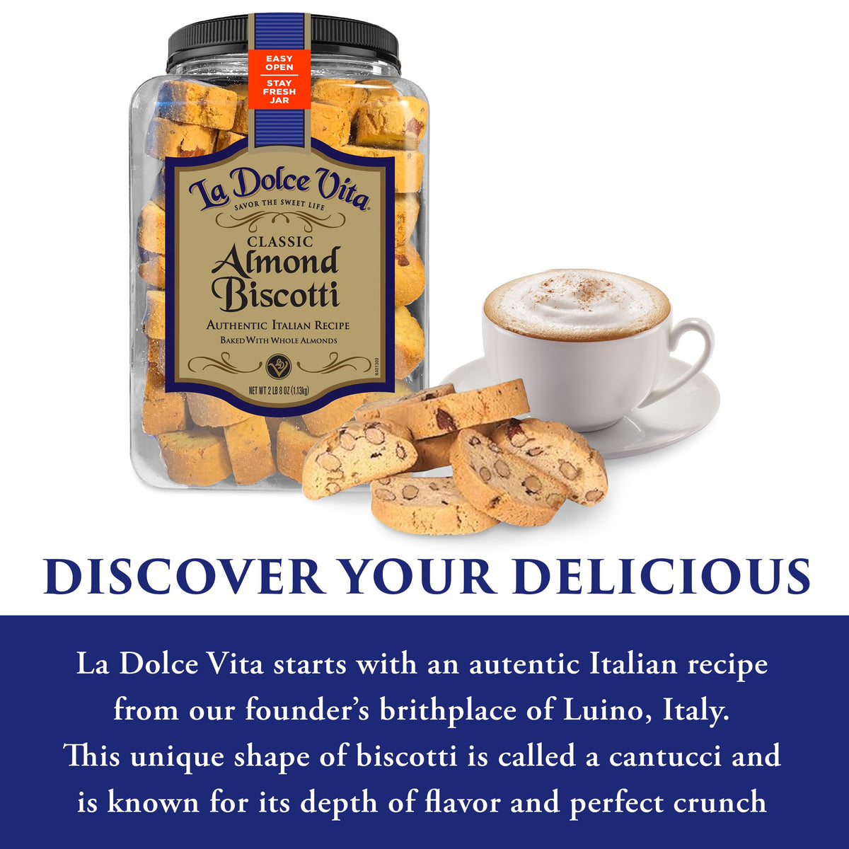 La Dolce Vita twice-baked biscotti shows golden edges and crunchy texture.