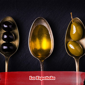 La Española olive oil bottle showing rich color, ideal for dressings and finishing dishes.