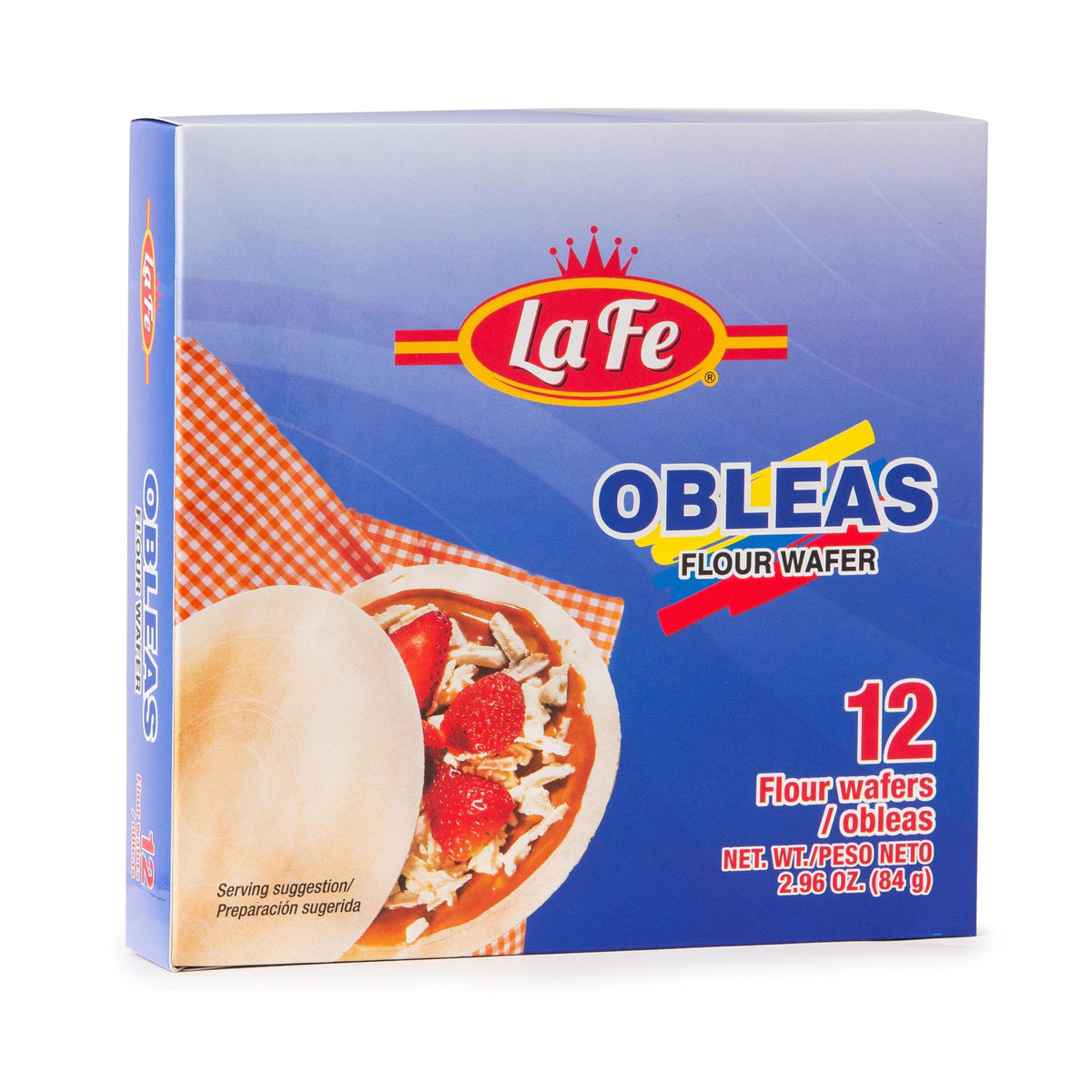 La Fe Obleas pack front with 12 wafers, a versatile snack ready for toppings