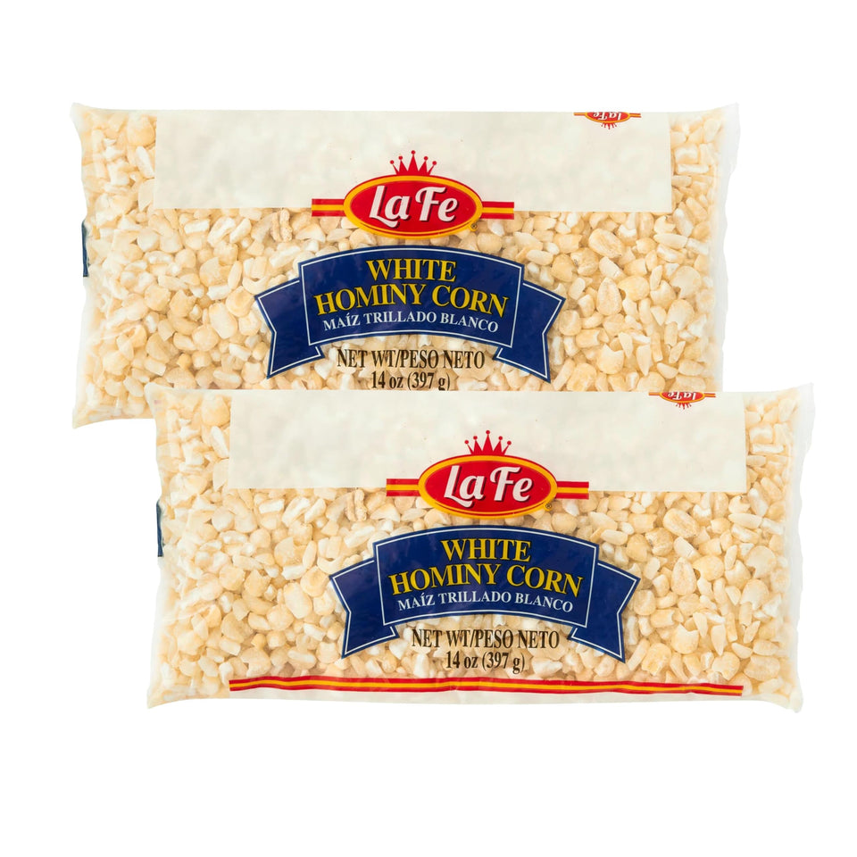 La Fe White Hominy corn package front view, ready for tamales and arepas.