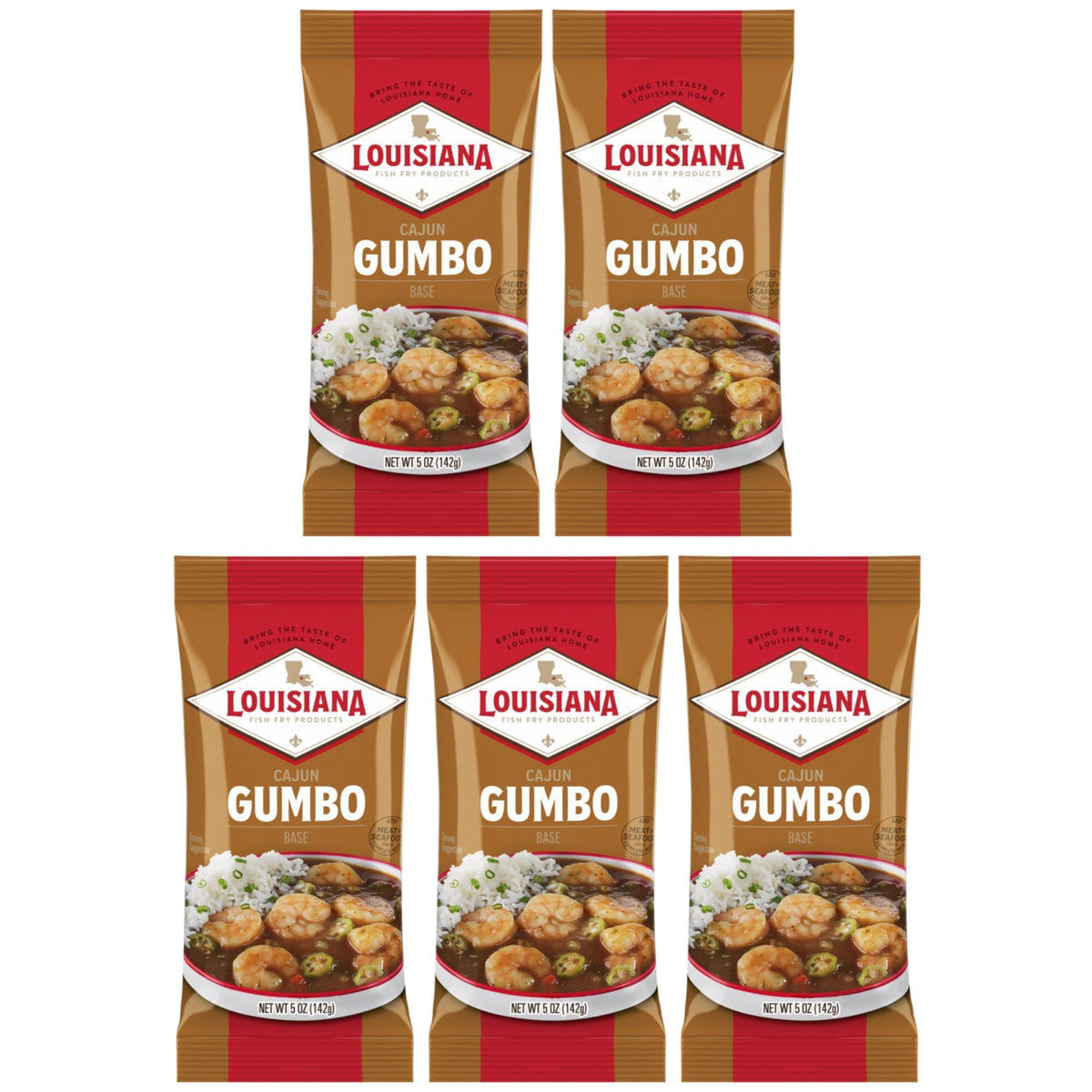 Louisiana Fish Fry Gumbo Base 5oz pack on kitchen counter ready for quick family meals