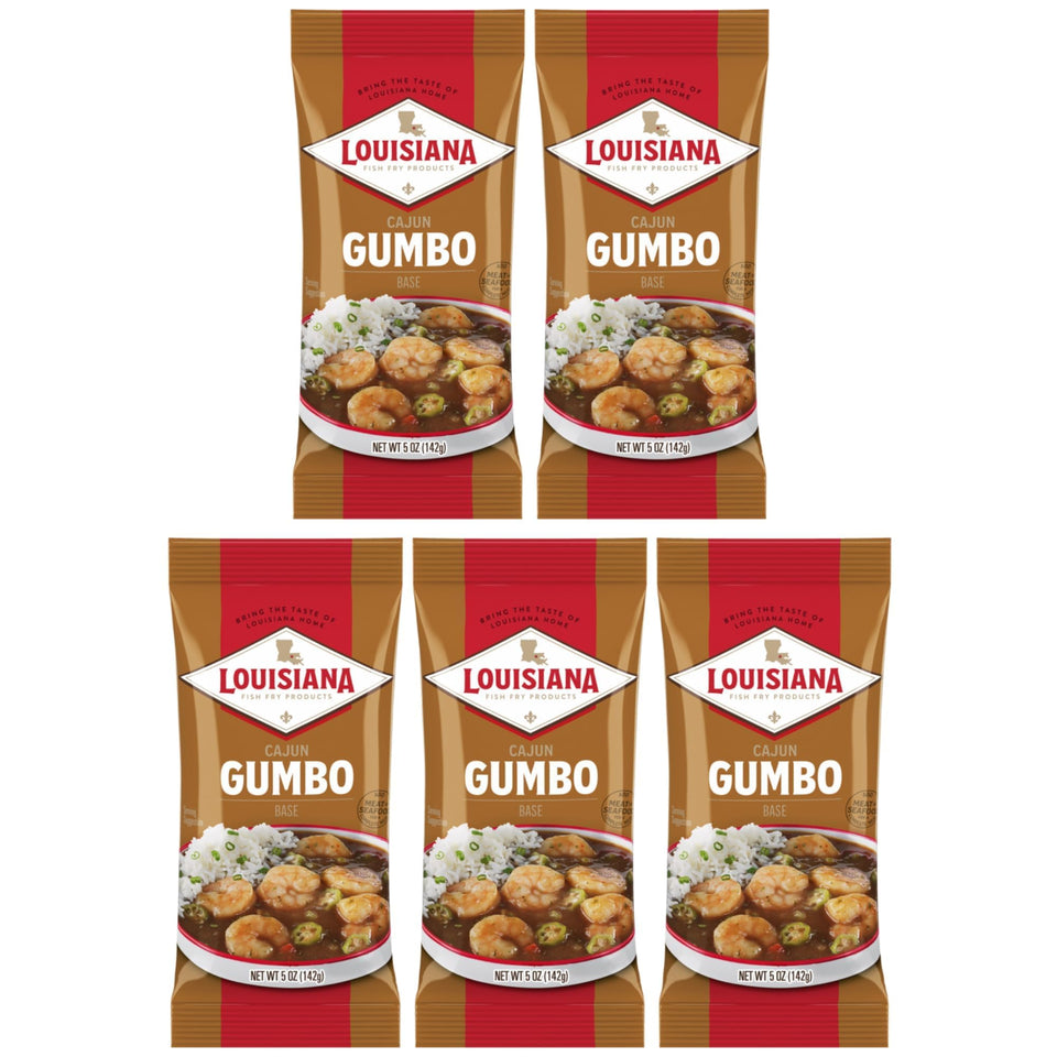Louisiana Fish Fry Gumbo Base 5oz pack on kitchen counter ready for quick family meals