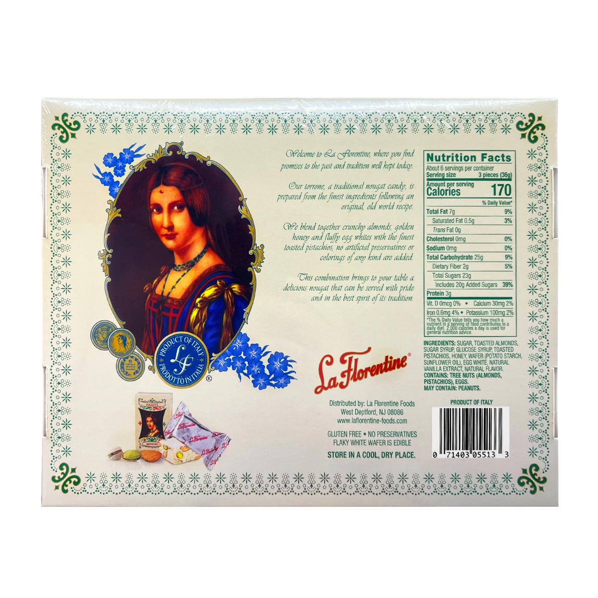 La Florentine Pistachio Torrone box presents an elegant Italian treat for gifting.