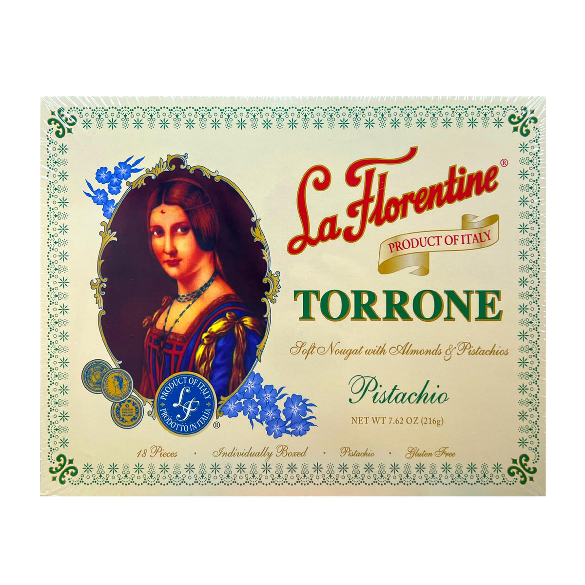 La Florentine Pistachio Torrone closeup reveals creamy texture and nutty richness.