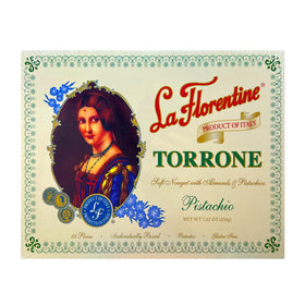 La Florentine Pistachio Torrone closeup reveals creamy texture and nutty richness.
