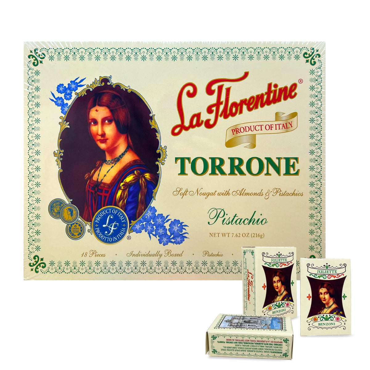La Florentine Pistachio Torrone sliced showcases chewy interior with pistachio chunks.