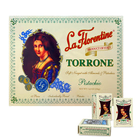 La Florentine Pistachio Torrone sliced showcases chewy interior with pistachio chunks.