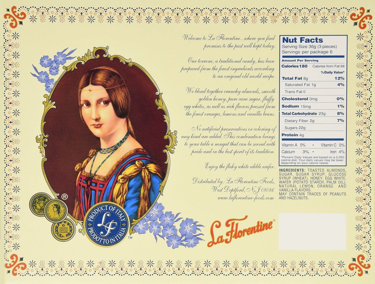 La Florentine Torrone orange-lemon-vanilla display, flavors ideal for sharing.