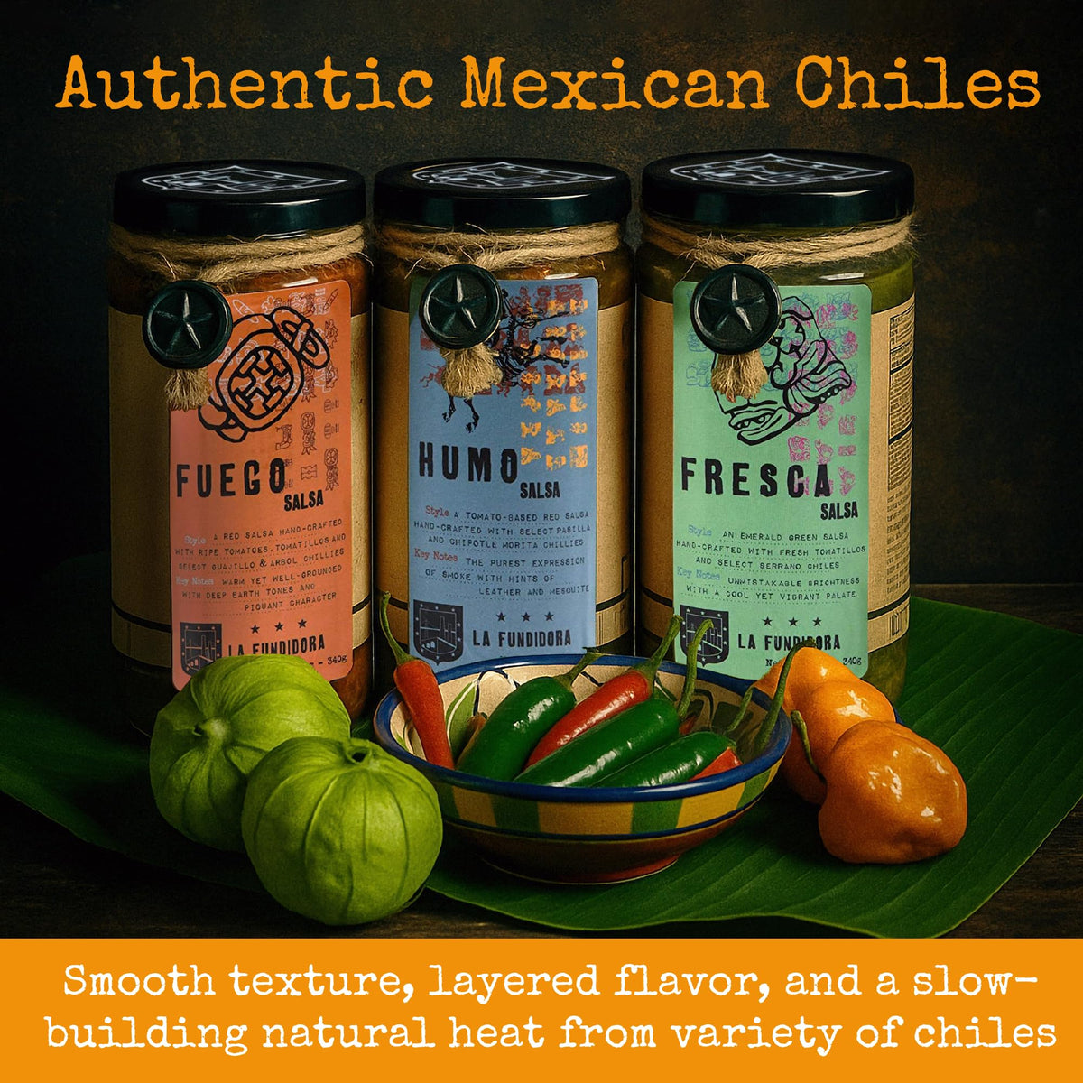La Fundidora Fuego salsa jar open — bold heat for tacos and enchiladas.