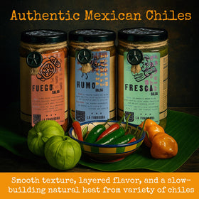 La Fundidora Fuego salsa jar open — bold heat for tacos and enchiladas.