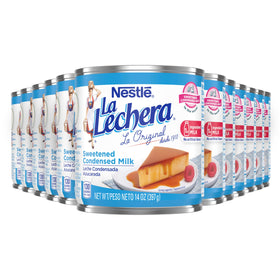 La Lechera sweetened condensed milk 12-pack front view, ideal for pantry prep.