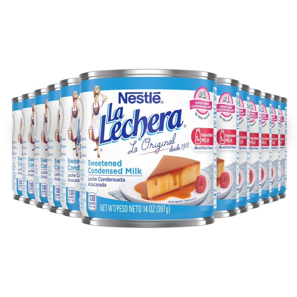 La Lechera sweetened condensed milk 12-pack front view, ideal for pantry prep.