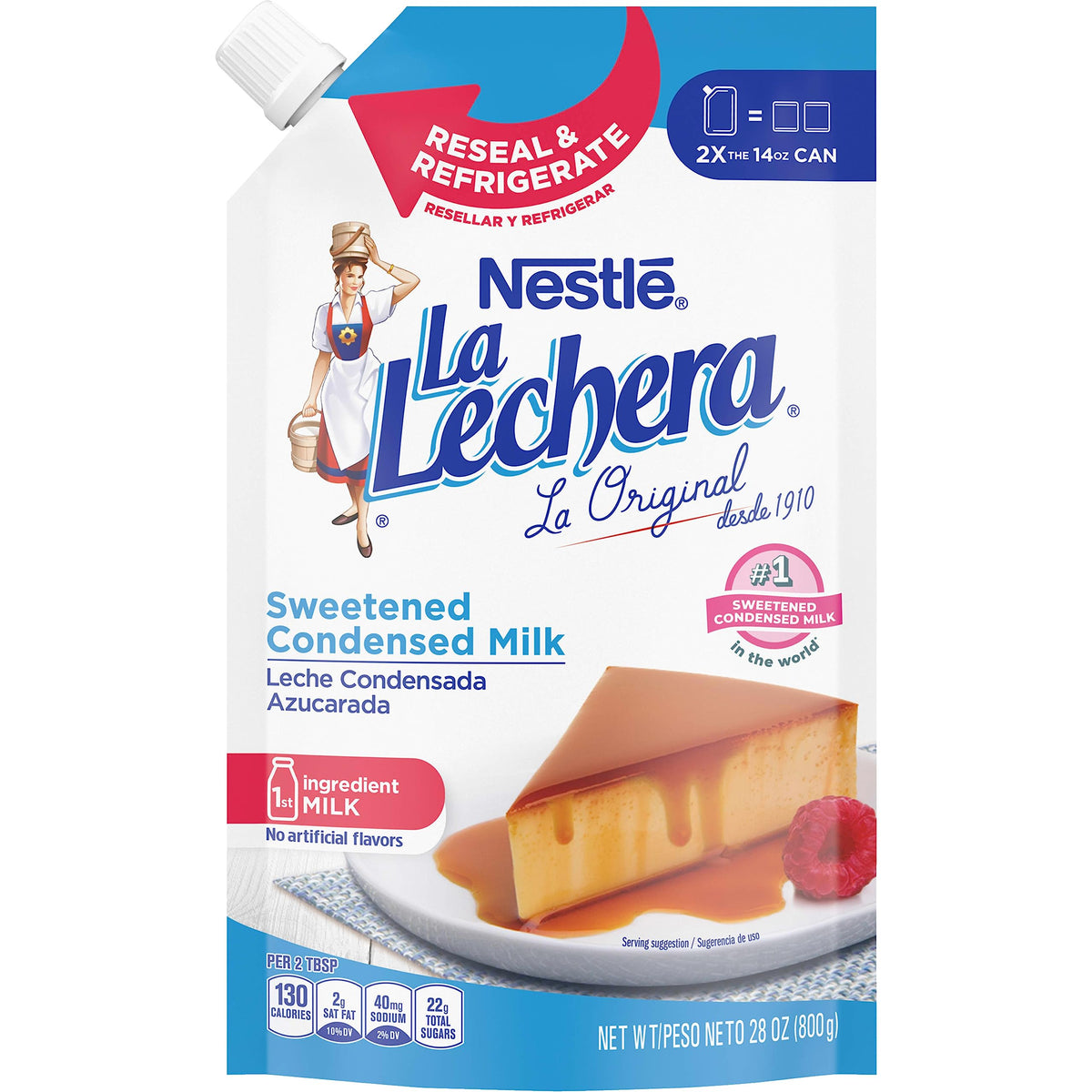La Lechera sweetened condensed milk pouch pouring as a creamy dessert drizzle