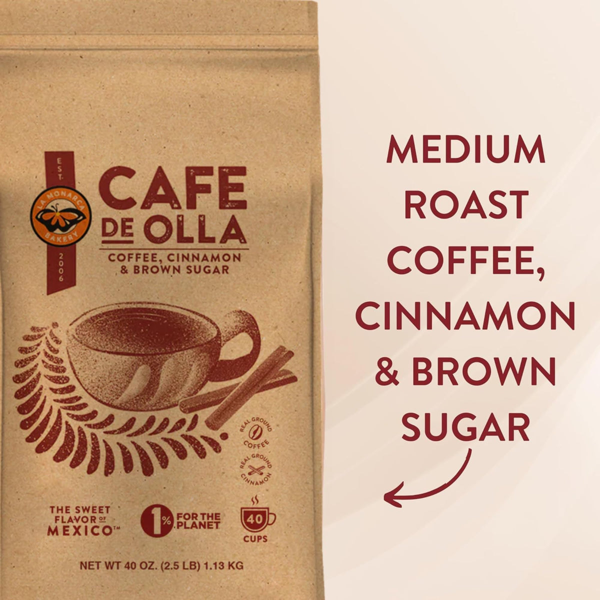 La Monarca Café de Olla grounds next to brown sugar crystals.